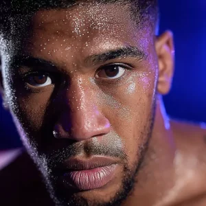 Крупный план лица профессионального боксёра Энтони Джошуа, с каплями пота на лбу, смотрящего прямо в камеру