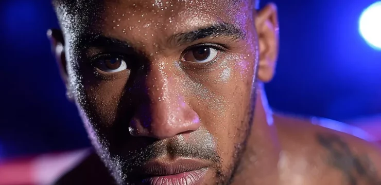 Крупный план лица профессионального боксёра Энтони Джошуа, с каплями пота на лбу, смотрящего прямо в камеру