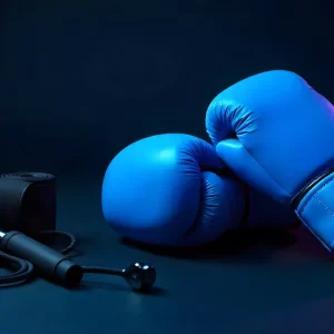 Голубые боксёрские перчатки и скакалка на тёмном фоне, инвентарь для тренировок