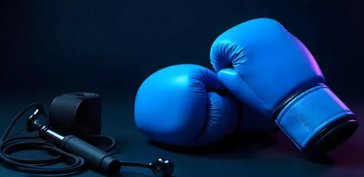 Голубые боксёрские перчатки и скакалка на тёмном фоне, инвентарь для тренировок