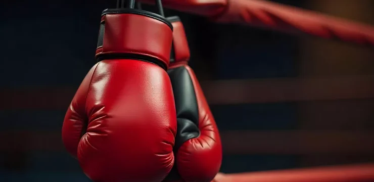 Пара красных боксёрских перчаток, висящих на канате ринга