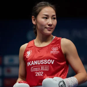 Женщина-боксёр Назым Кызайбай в красной форме и белых перчатках, стоящая на ринге