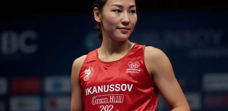 Женщина-боксёр Назым Кызайбай в красной форме и белых перчатках, стоящая на ринге