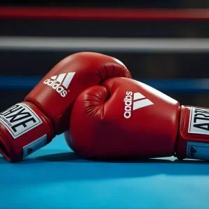 Две красные боксёрские перчатки Adidas на синем полу боксёрского ринга