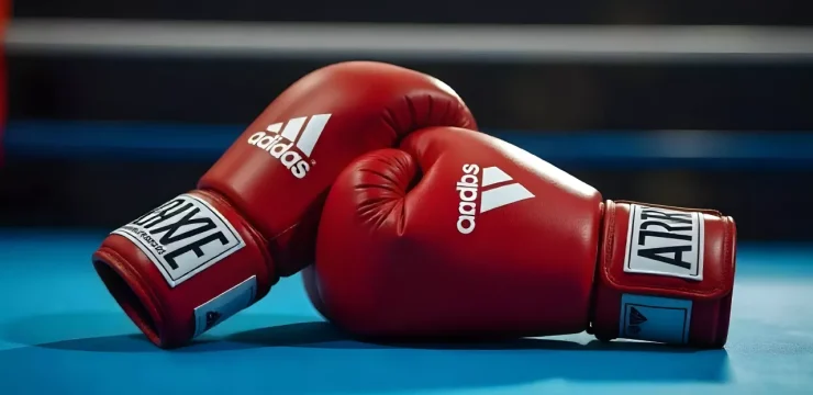 Две красные боксёрские перчатки Adidas на синем полу боксёрского ринга